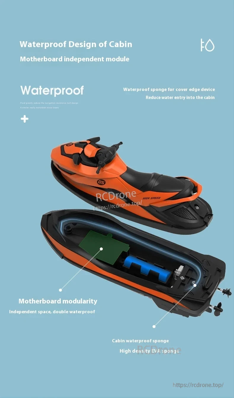 The MN MODEL LM13-A Mini Jet Ski RC Boat has a waterproof design for reduced water entry and high-speed performance.