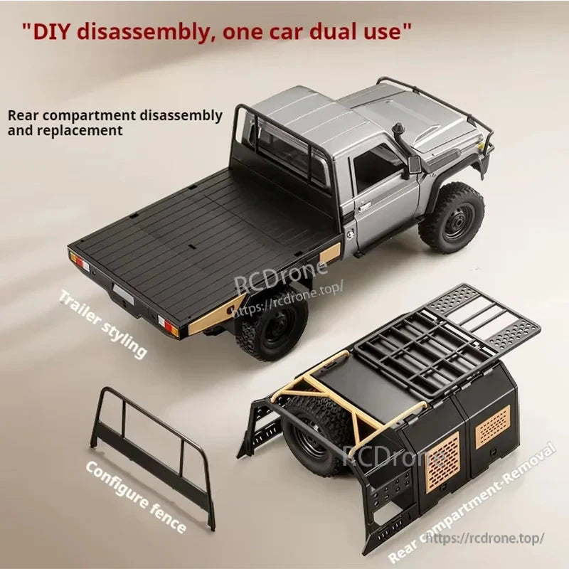 DIY disassembly allows dual use of one car. Rear compartment can be removed or replaced. Trailer-style design with configurable fence.