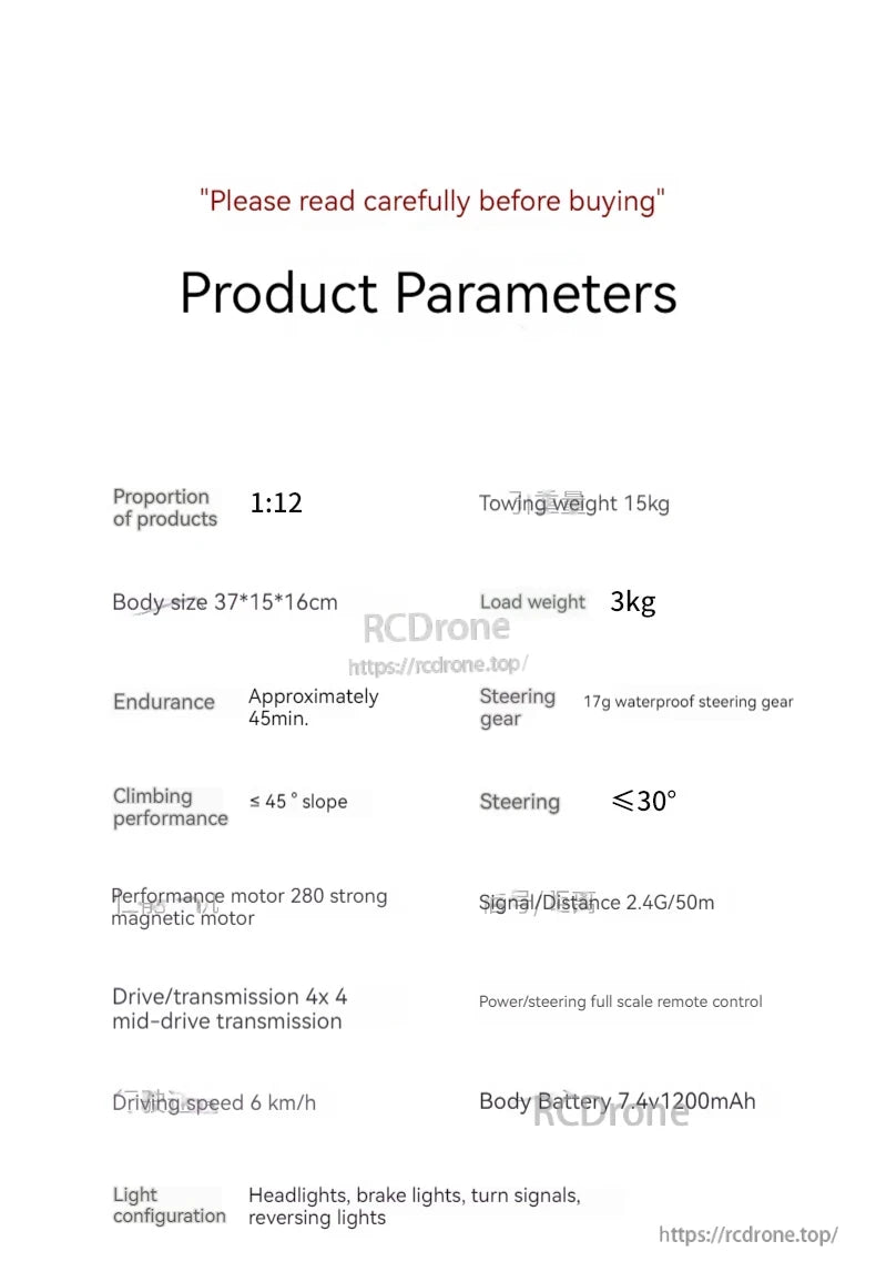 Mn82s Supertourer RC Pickup, 1:12 RC pickup: 37×15×16cm, 3kg load, 45min runtime, 4x4 drive, 6km/h speed, 2.4G remote, 7.4V battery, full lights.