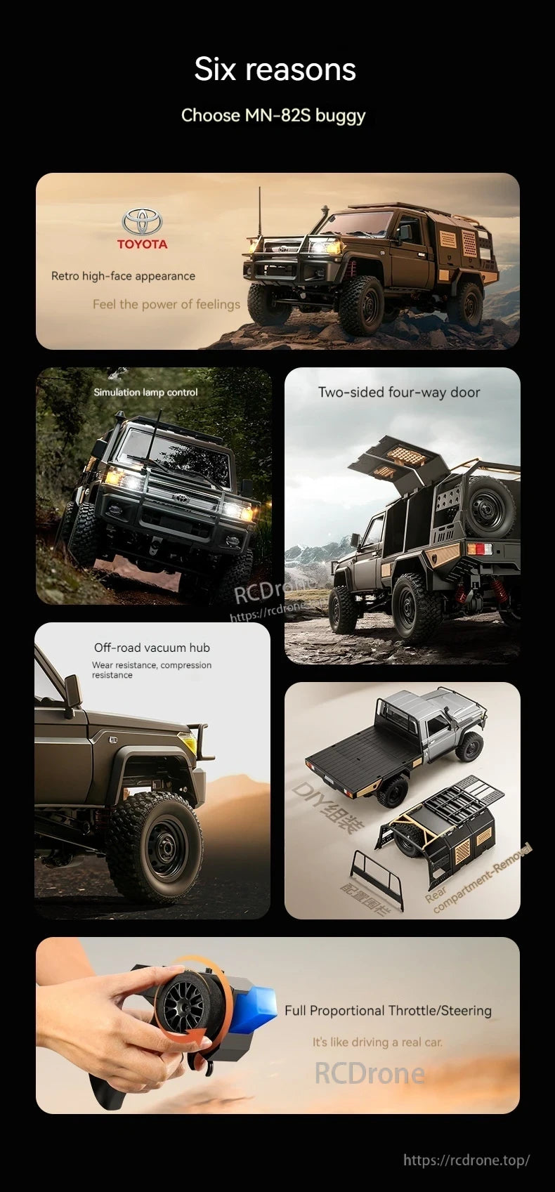 Mn82s Supertourer RC Pickup, MN-82S buggy offers retro Toyota design, simulation lamp control, two-sided door, off-road hub, DIY assembly, and proportional throttle/steering.