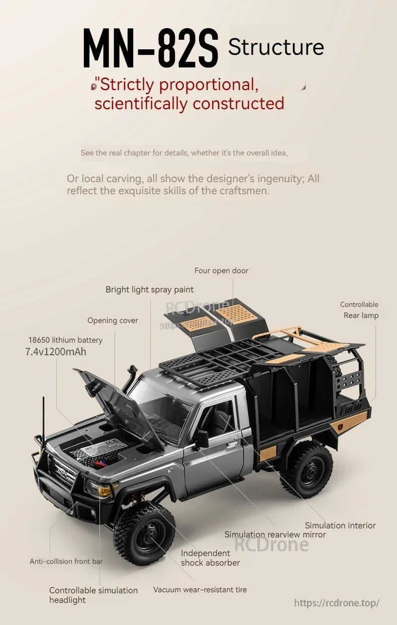 Mn82s Supertourer RC Pickup, Proportional, scientific structure with detailed features like lithium battery, controllable lights, anti-collision bar, shock absorbers, and simulation interior, showcasing designer craftsmanship.