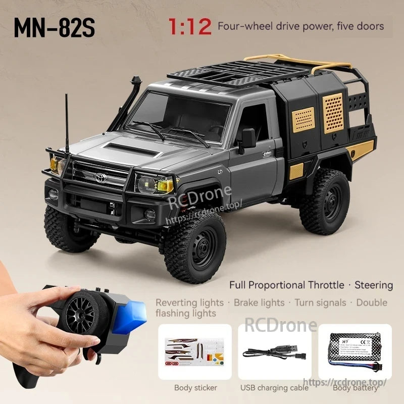 Mn82s Supertourer RC Pickup, MN-82S 1:12 RC pickup truck with 4WD, 5 doors, proportional control, lights, USB cable, battery, and stickers.