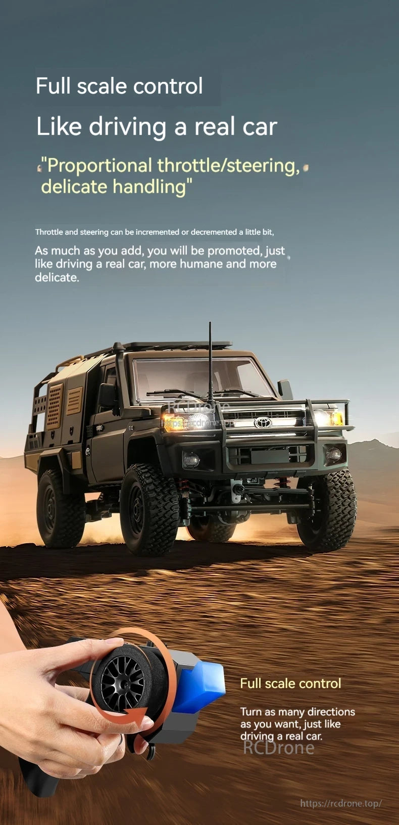 Mn82s Supertourer RC Pickup, Realistic control with proportional throttle and steering, adjustable for precision and authentic maneuvering in any direction.