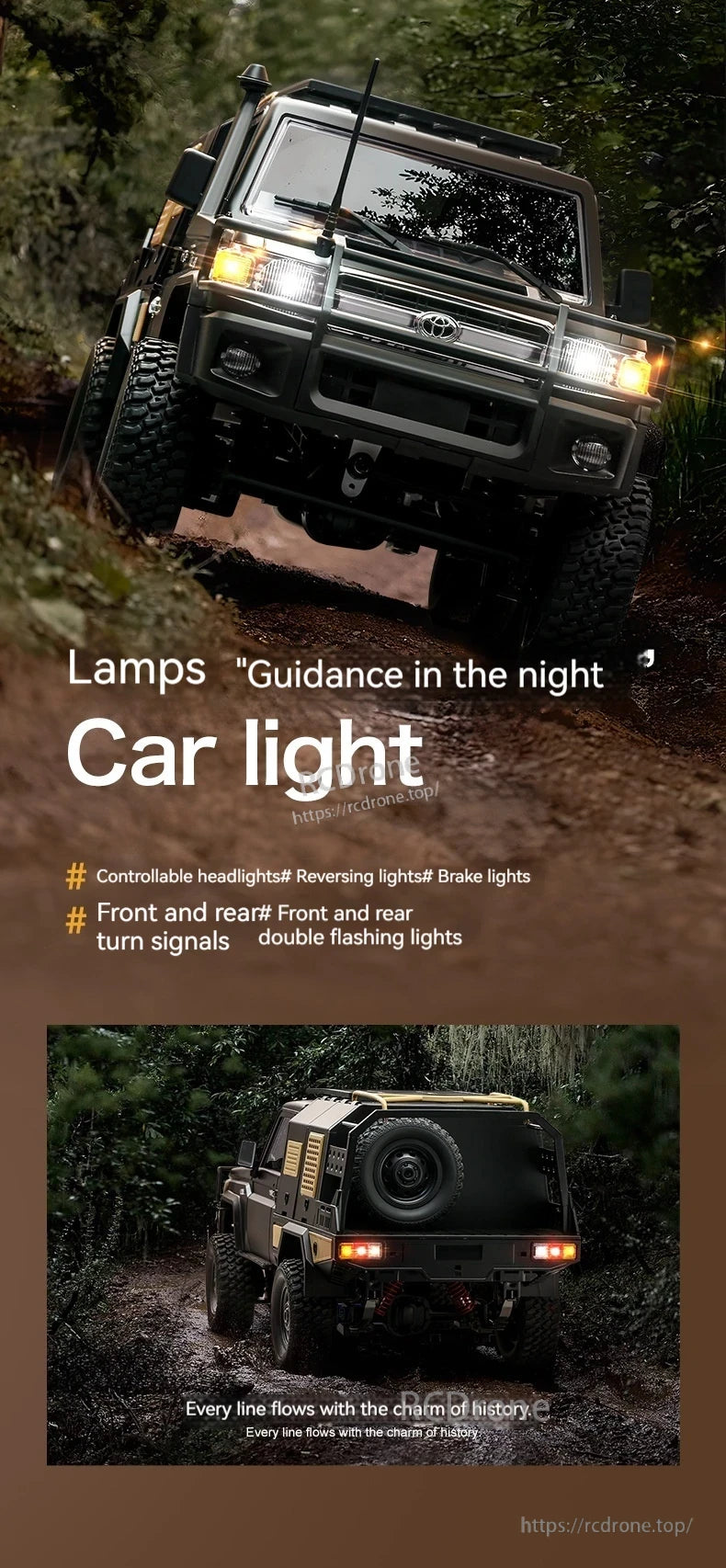 Mn82s Supertourer RC Pickup, The car lights include controllable headlights, reversing lights, brake lights, turn signals, and double flashing lights.