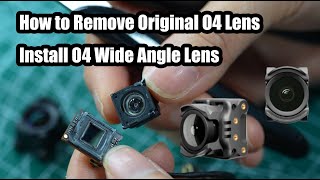 Flywoo O4 Wide Lens, Hands removing the original O4 camera lens and installing a Flywoo O4 wide-angle lens on a small FPV camera module
