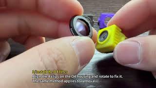 Hands installing an O4 lens filter onto a yellow DJI O4 FPV camera shell with clip-on housing