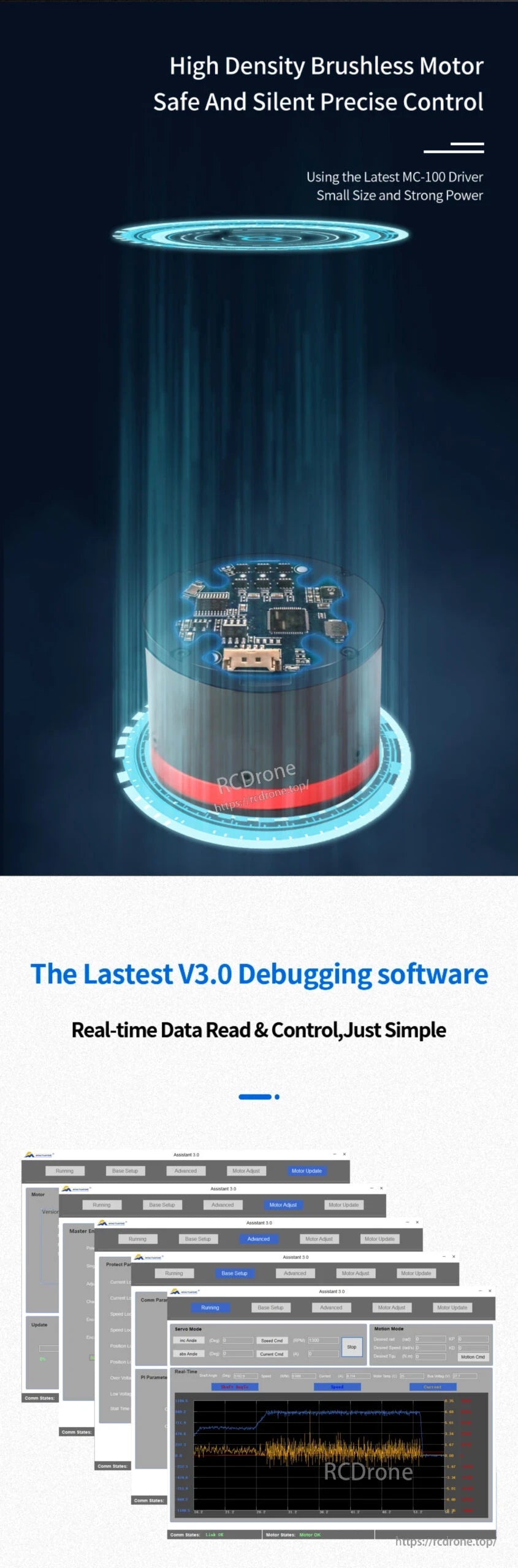 MRC RMD X4 Planetary Actuator, High-density brushless motor with MC-100 driver ensures safe, silent, precise control, featuring compact size, strong power, and V3.0 software for real-time data.