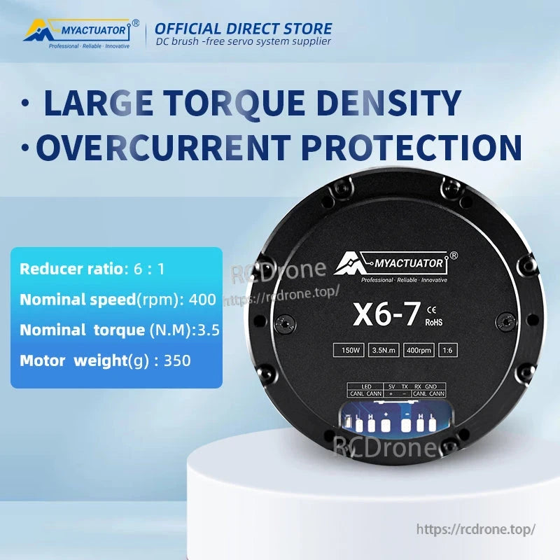 MRC-X6-7 Servo Actuator, The MYACTUATOR X6-7 servo actuator provides high torque density, overcurrent protection, and features a 6:1 ratio, 400 rpm, 3.5 N.m, 350g weight, 150W power, and RoHS compliance.