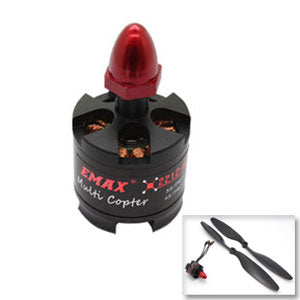 EMAX MT2213 brushless motor with red prop adapter cap; inset shows two-blade propeller