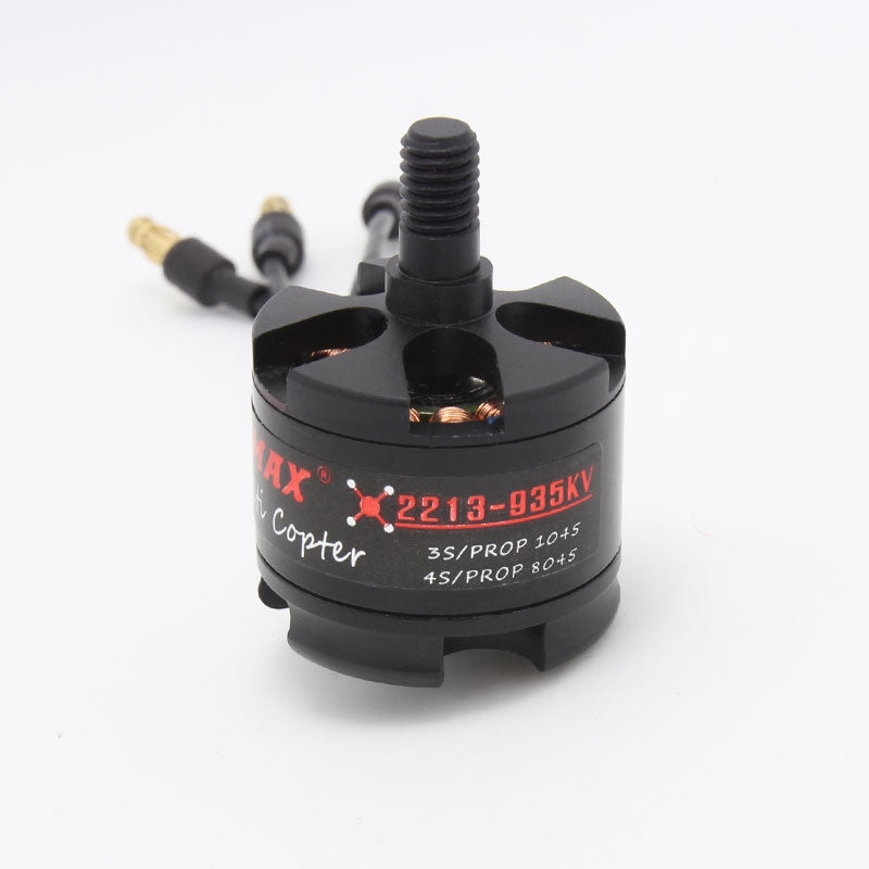 EMAX MT2213 935KV multicopter motor close-up showing top shaft and 3.5mm bullet connectors