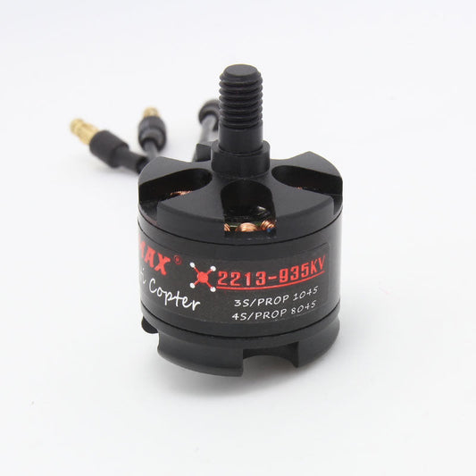 EMAX MT2213 935KV multicopter motor close-up showing top shaft and 3.5mm bullet connectors