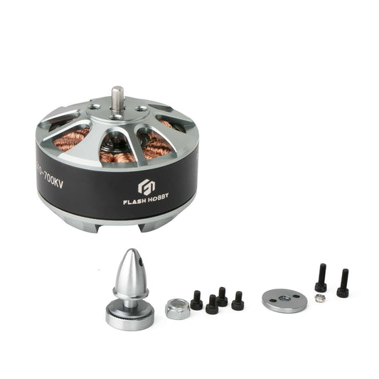 Flashhobby 3510 brushless DC motor marked 3510-700KV, with prop adapter, mounting plate, screws and nut