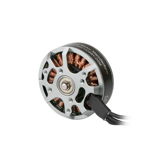 Flashhobby 4108 brushless DC motor with silver aluminum bell, visible copper windings, and three-wire lead