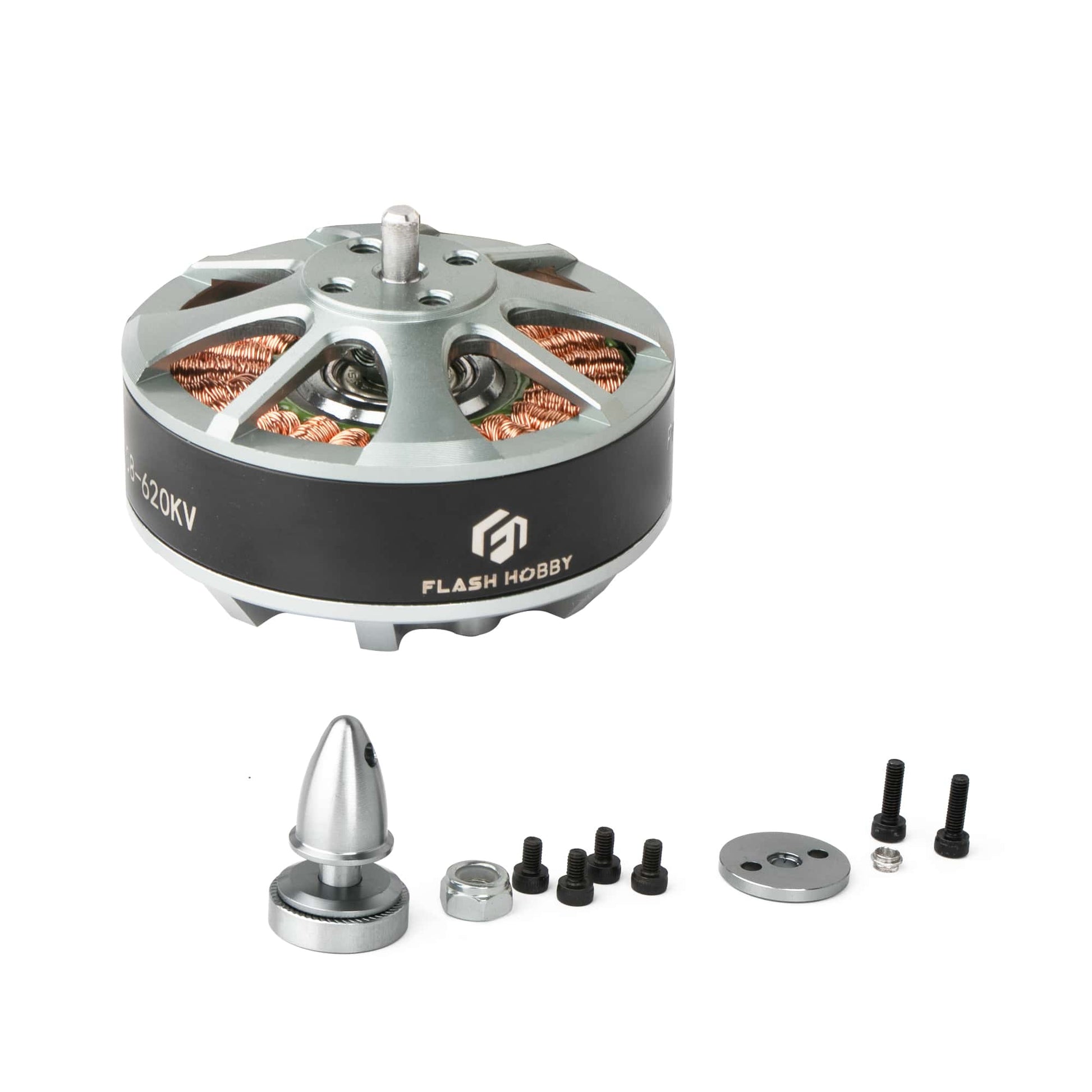 Flashhobby 4108 Brushless DC Motor, Flashhobby 4108 brushless outrunner motor marked 620KV with shaft, prop adapter/spinner, screws and hardware
