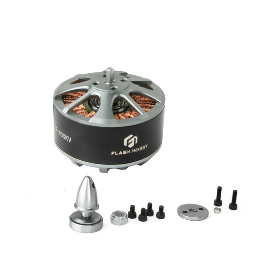 Flashhobby 4114 Brushless DC Motor, Flashhobby 4114-400KV brushless DC motor with prop adapter, mounting plate, screws, and hardware