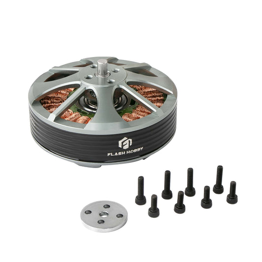 Flashhobby 5208 brushless DC motor with silver top, visible copper windings, mounting plate and screws