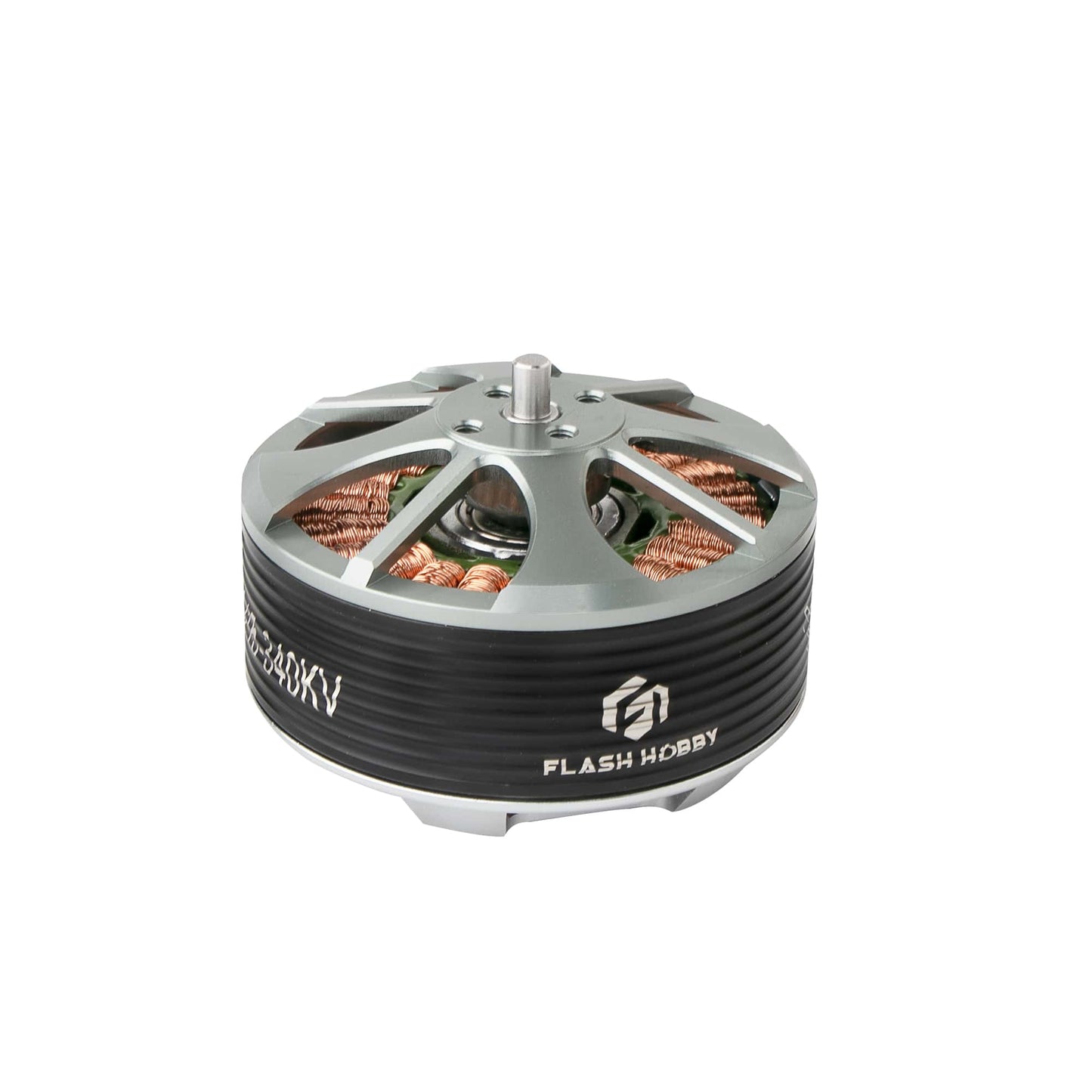 Flashhobby 5215 340KV Brushless Motor, Flashhobby 5215 340KV brushless outrunner motor with silver top, black ribbed housing, and exposed copper windings