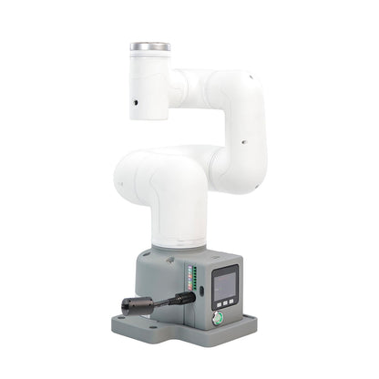 myCobot 320 M5 robotic arm on base with control screen and connected cable, side profile