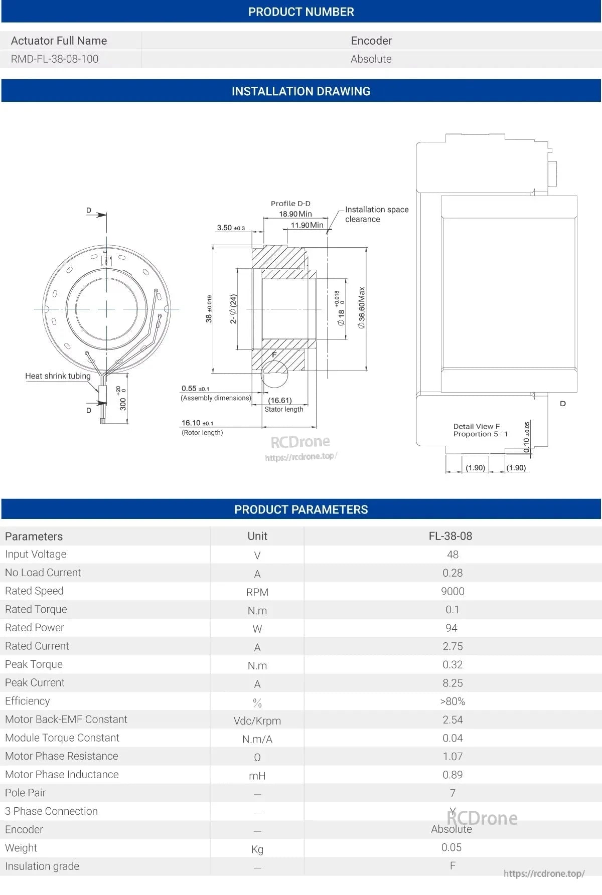 MyActuator FL-38-08 Motor, MyActuator FL-38-08: 48V, 9000 RPM, 0.1 N.m torque, absolute encoder, 38mm diameter, 300mm cable, 0.05kg, >80% efficiency, Y-phase, F insulation.