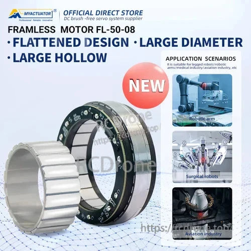Frameless motor FL-50-08 features a flat design, large diameter, hollow core. Suitable for robotics, surgery, aviation. 48V, 5200RPM, 0.3Nm torque. New.