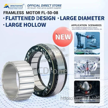 Frameless motor FL-50-08 features a flat design, large diameter, hollow core. Suitable for robotics, surgery, aviation. 48V, 5200RPM, 0.3Nm torque. New.
