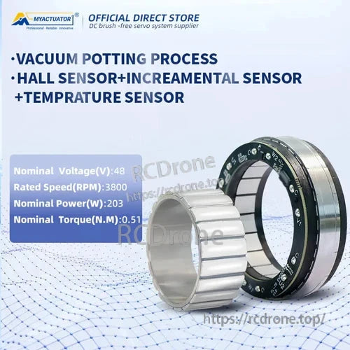 Frameless torque motor: 48V, 203W, 3800RPM, 0.51N.M torque. Vacuum potting, Hall, incremental, temperature sensors. Ideal for robotics and automation.