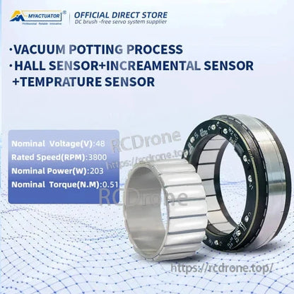 Frameless torque motor: 48V, 203W, 3800RPM, 0.51N.M torque. Vacuum potting, Hall, incremental, temperature sensors. Ideal for robotics and automation.