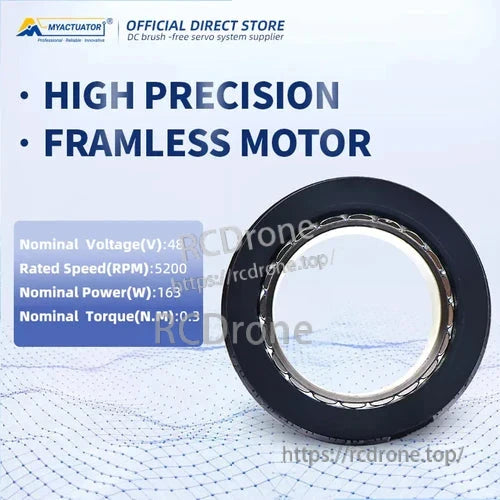MyActuator's high-precision frameless motor offers 48V, 5200 RPM, 163W power, 0.3 N·m torque, and efficient compact design for robotics and automation.