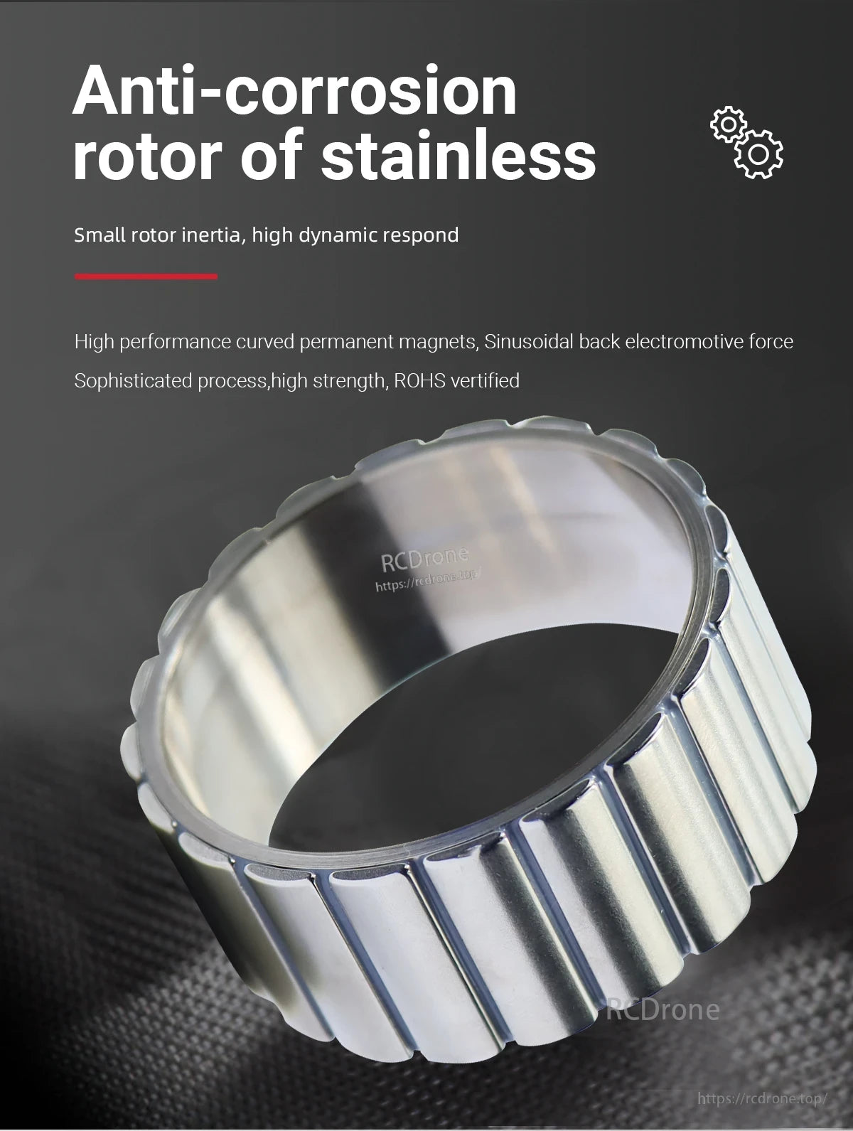 MyActuator FL-50-08 Motor, Stainless anti-corrosion rotor with small inertia, high dynamic response, curved magnets, sinusoidal EMF, and ROHS certified.