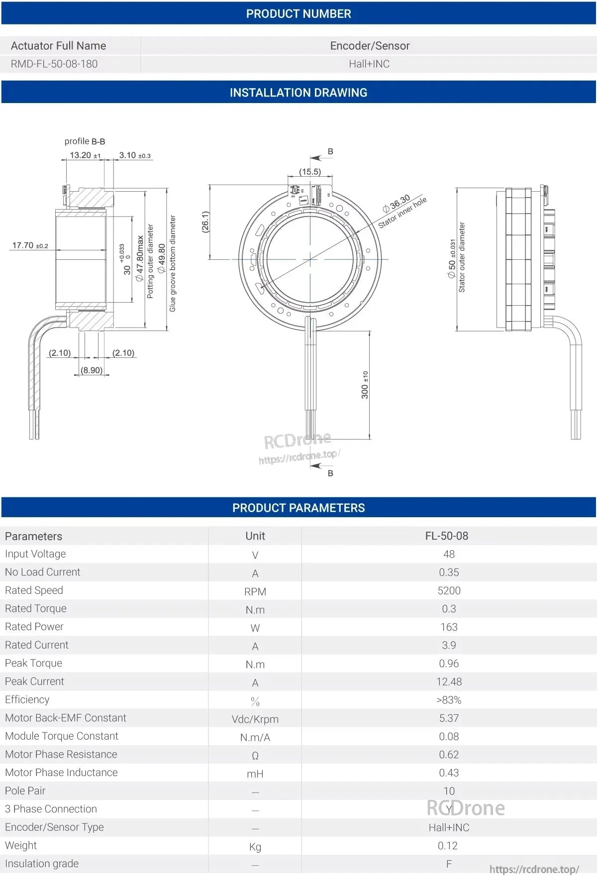 MyActuator FL-50-08 Motor, The Actuator FL-50-08 motor features 48V input, 5200 RPM, 0.3 N.m torque, Hall+INC encoder, dimensions of 300mm length and 50mm stator diameter, weighs 0.12kg, offers over 83% efficiency, Y connection, and F insulation.