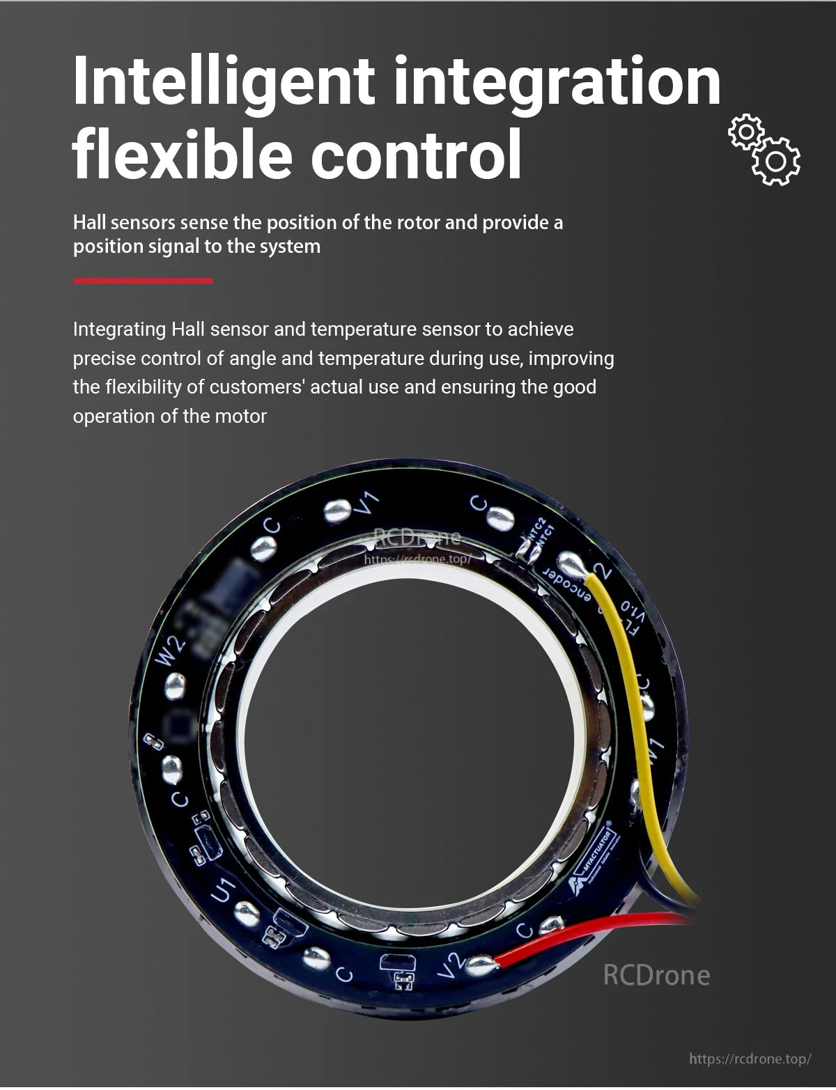 MyActuator FL-50-08 Motor, Intelligent integration and flexible control via Hall sensors for precise rotor position, angle, and temperature management, boosting motor performance and user adaptability.