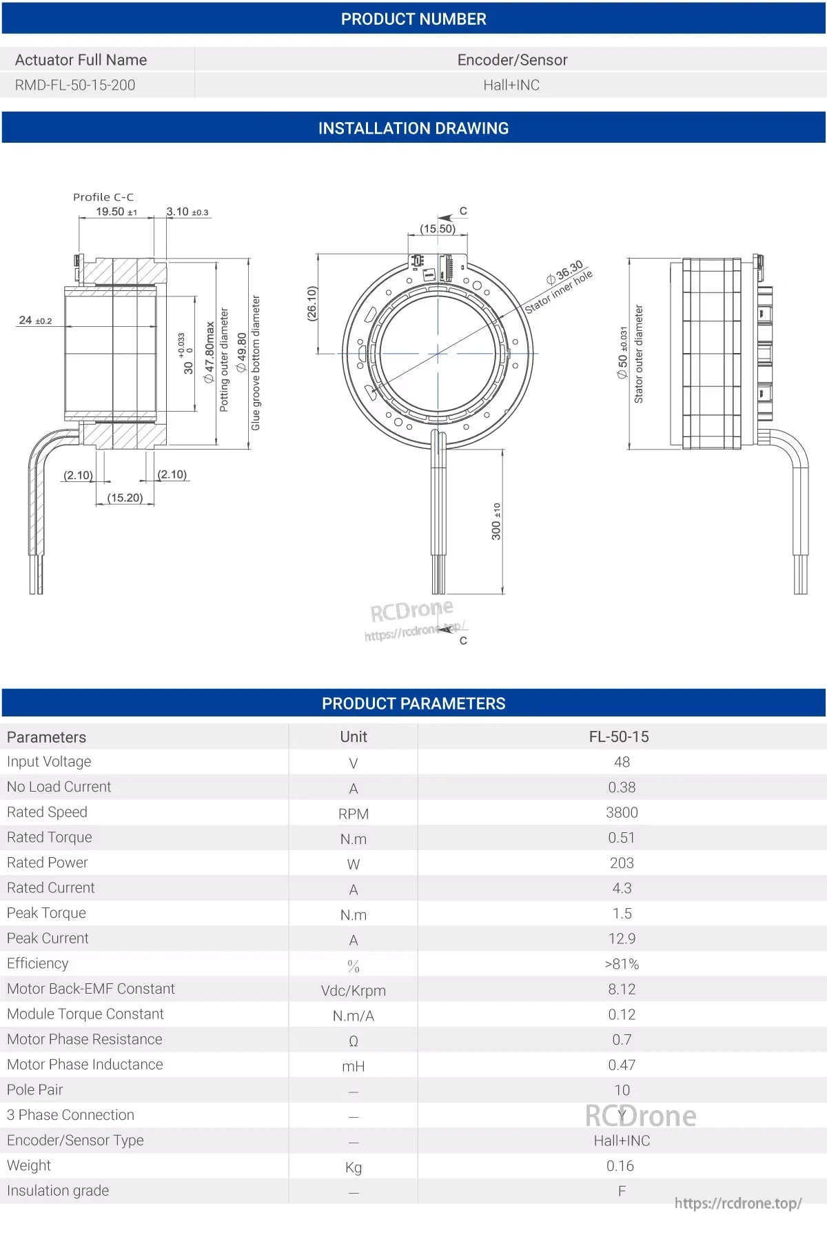 MyActuator FL-50-15 torque motor: 48V, 3800 RPM, 0.51 N.m, Hall+INC encoder, 0.16 kg, 10 pole pairs, Y connection, F insulation, 50 mm diameter, 300 mm length.