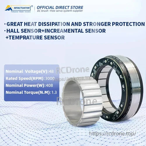 The MyActuator FL70-16 motor features efficient heat dissipation, integrated sensors, and durable design. Key specs: 48V, 3000 RPM, 408W, 1.3 N.M. torque, part of a brushless DC servo system.