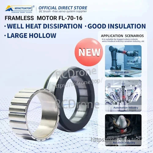 MyActuator FL70-16 Motor, Frameless motor FL-70-16 features excellent heat dissipation, good insulation, large hollow design, ideal for robotics, automation, aviation. New high-performance product.