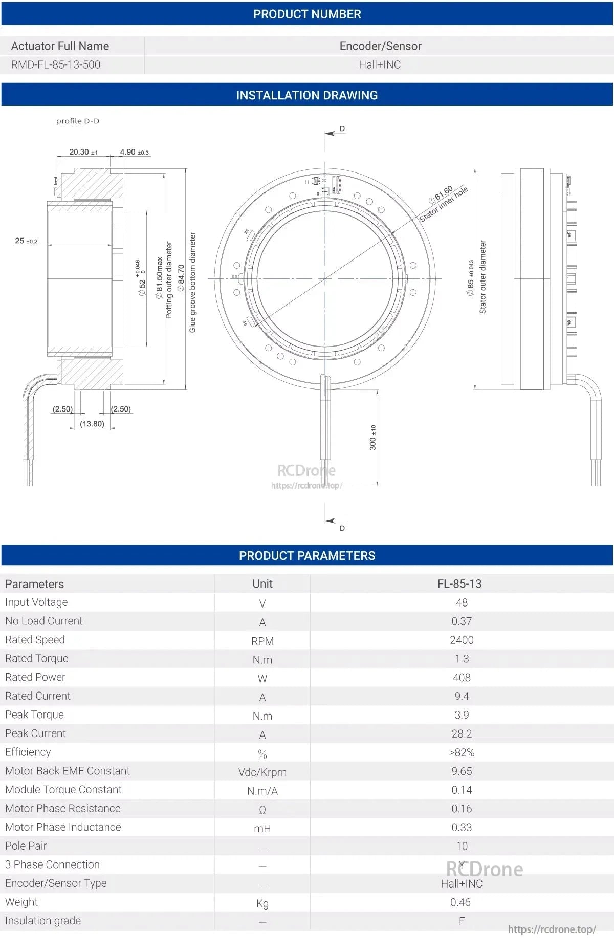 MyActuator FL85 Torque Motor, MyActuator FL85-13: 48V, 2400 RPM, 1.3 N.m torque, 408W, Hall+INC encoder, 0.46kg, high efficiency (>82%).