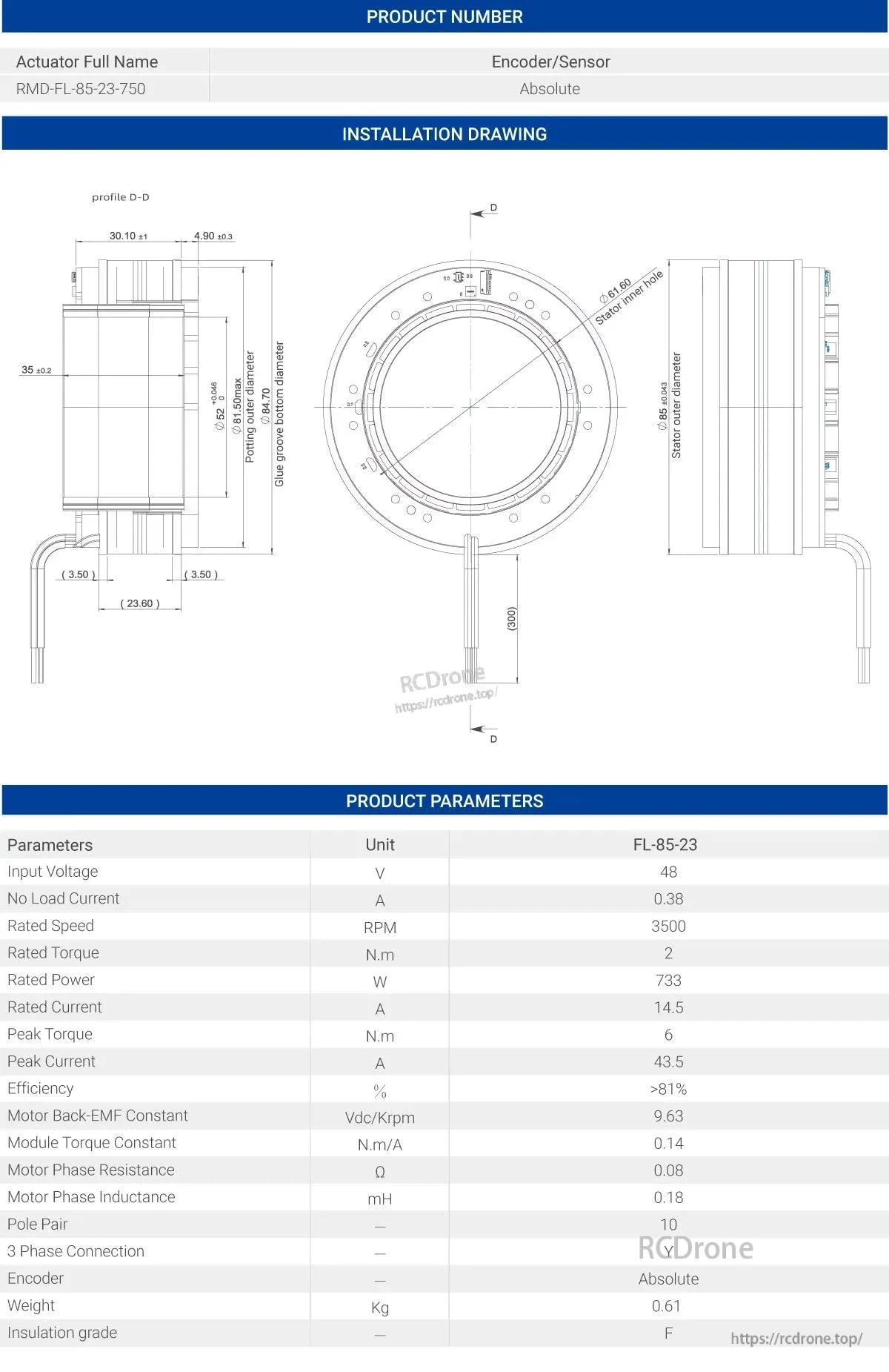 MyActuator FL-85-23 Torque Motor, MyActuator FL-85-23: 48V, 3500 RPM, 2 N.m torque, 733W, encoder, 10 pole pairs, Y connection, 0.61 kg, F insulation.