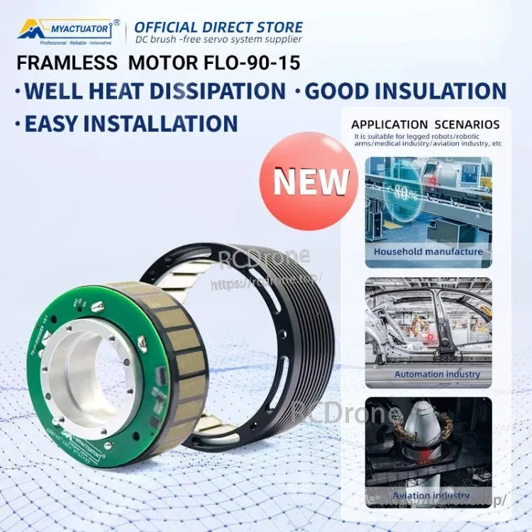 Frameless motor FLO-90-15: 48V, 1.5Nm, 1600RPM, high-precision brushless servo with excellent heat dissipation, insulation, easy installation. Ideal for robotics, automation, medical, and aviation.