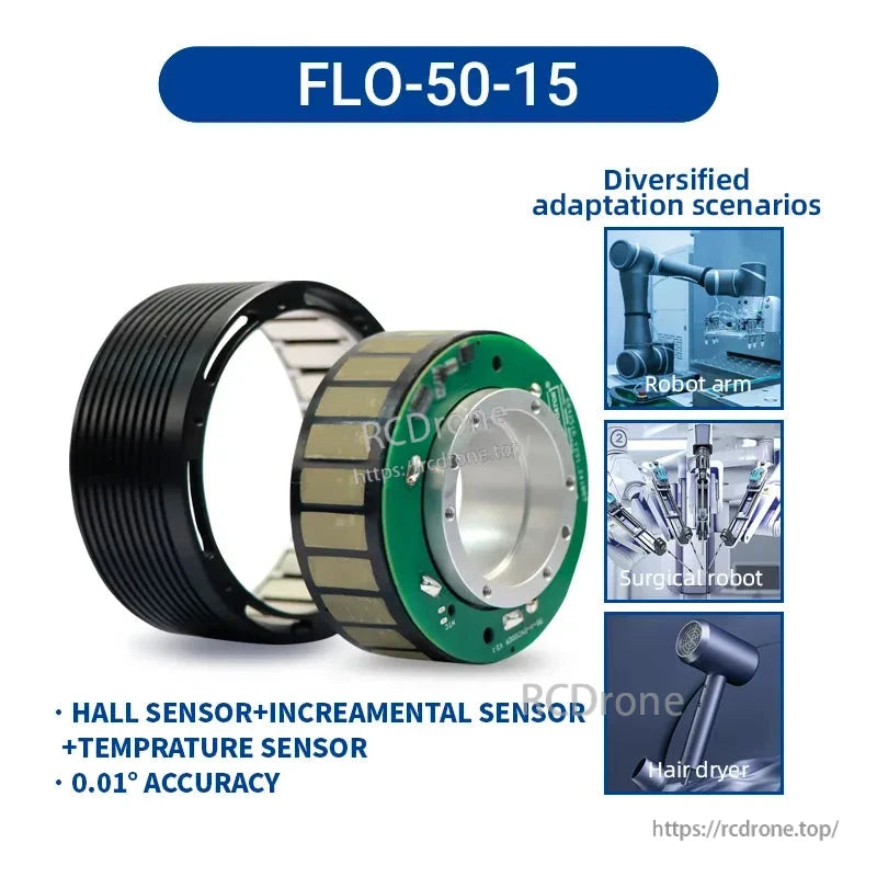 MyActuator FLO50 Motor, The FLO-50-15 motor features Hall, incremental, and temperature sensors, 0.01° accuracy, and is used in robot arms, surgical robots, and hair dryers.