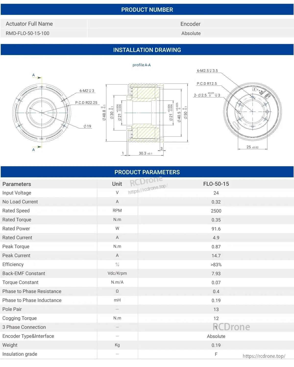 MyActuator FLO50 Motor, MyActuator FLO50-15: 24V, 2500 RPM, 0.35 N.m torque, 91.6W, 0.19kg, Y connection, 13 pole pairs, >83% efficiency, IP54.