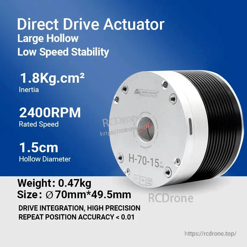 MyActuator H-70-15 DD Actuator, The Direct Drive Actuator H-70-15 offers high precision, low-speed stability, and sub-0.01 repeat position accuracy, with 1.8Kg.cm² inertia, 2400RPM, 1.5cm hollow diameter, 0.47kg weight, and compact 70×49.5mm size.