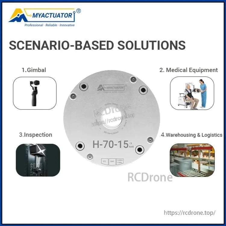 MyActuator H-70-15 DD Actuator is used for gimbals, medical equipment, inspections, and warehouse logistics.