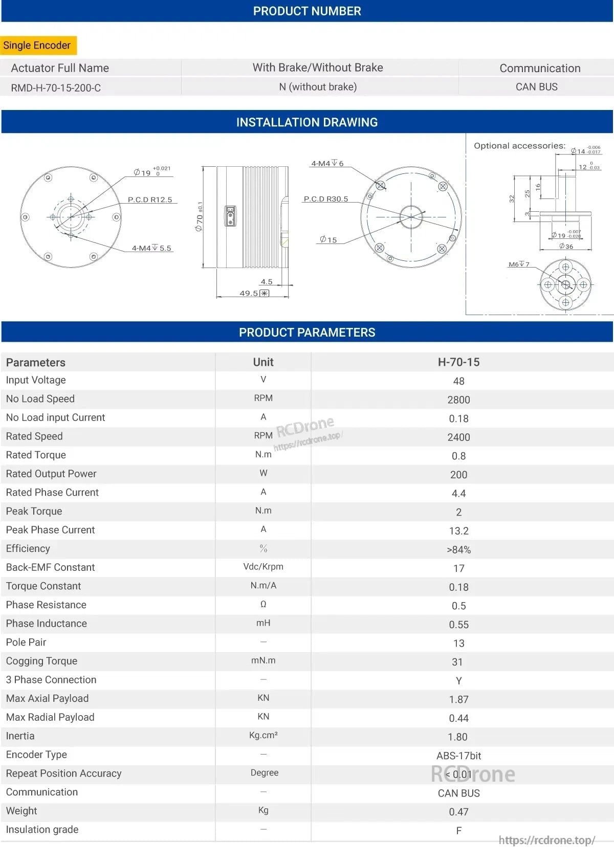 MyActuator H-70-15 DD Actuator: 48V, 2400 RPM, 0.8 N.m torque, 200W, CAN BUS, single encoder, IP54, F insulation, 0.47kg.