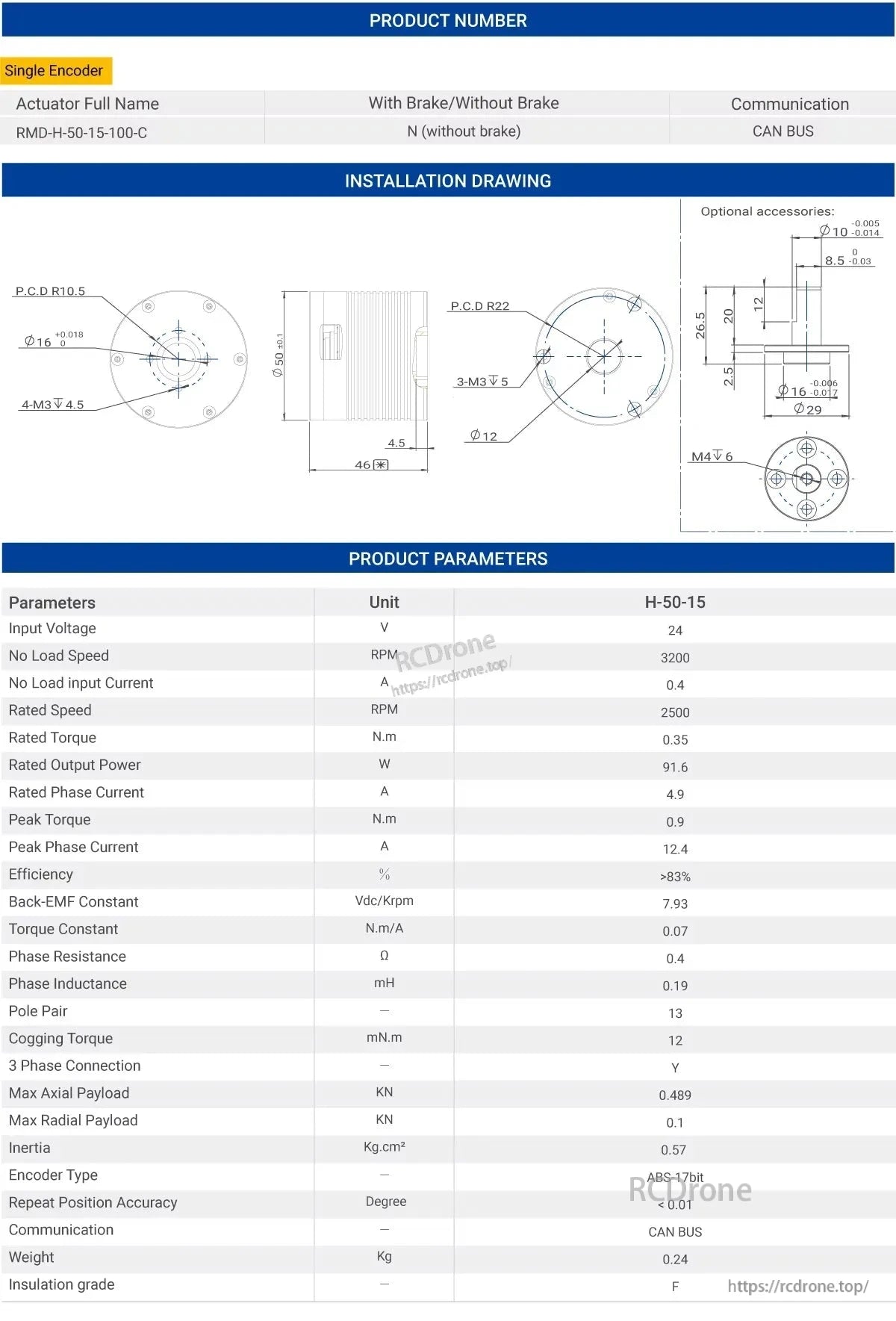 MyActuator H-50-15 motor: 24V, 2500 RPM, 0.35 N.m torque, CAN BUS, single ABS-17bit encoder, <0.01° accuracy, 0.24 kg, F insulation grade.