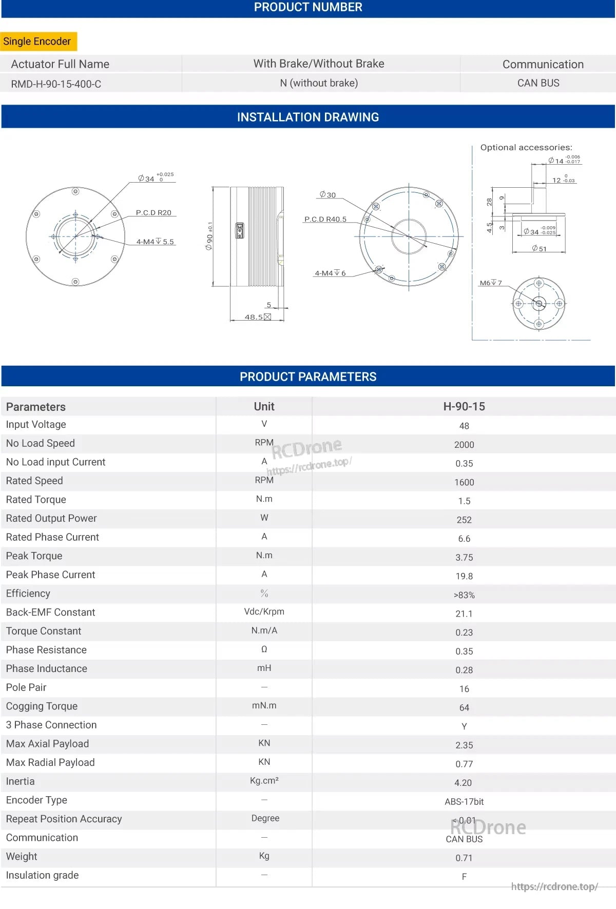 The MyActuator H90-15 direct drive actuator features a 48V input, 1600 RPM, 1.5 N.m torque, CAN BUS, ABS 17-bit encoder, weighs 0.71 kg, and measures 90 mm diameter × 48.5 mm length.