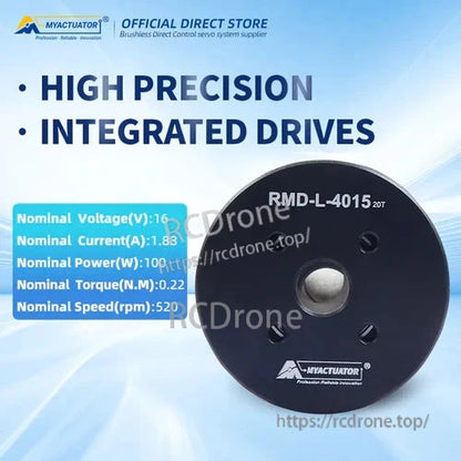 The RMD-L-4015-20T drive operates at 16V, 1.8A, delivering 100W power with 0.22N·m torque and 520rpm speed. It features an 18-bit encoder and CAN/RS485 interface, suitable for robotics and drones.
