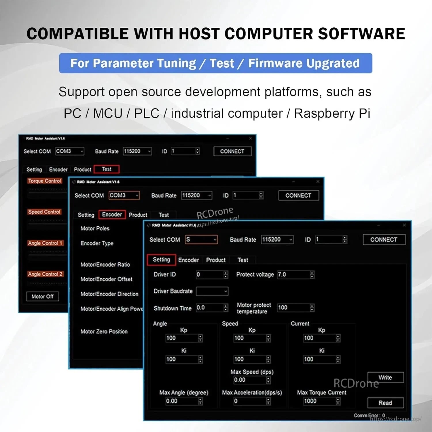MyActuator L-5015 BLDC Servo, Compatible with host software for tuning, testing, and firmware updates. Supports open-source platforms including PC, MCU, PLC, industrial computers, and Raspberry Pi. Features motor settings, encoder configuration, and control parameters.