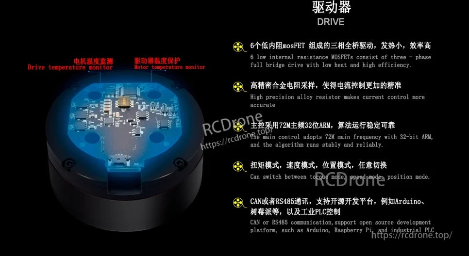 MyActuator L5010 Servo Motor, Monitors drive and motor temperatures. Uses 6 low-resistance MOSFETs, high-precision resistor. 72MHz ARM main control. Supports torque, speed, position modes. Compatible with CAN/RS485, Arduino, Raspberry Pi, PLC.
