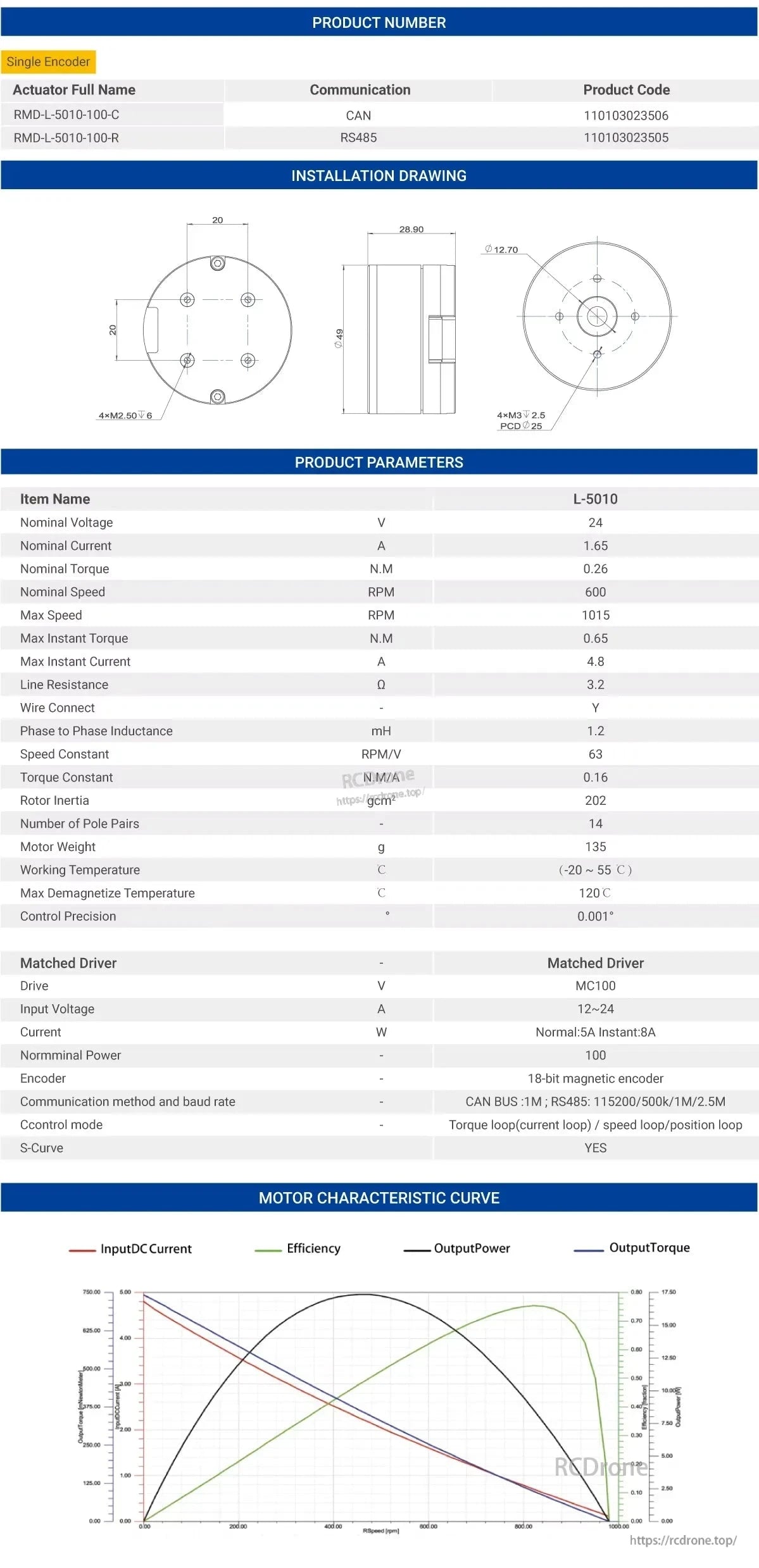 MyActuator L5010 Servo Motor, Servo motor L5010: 24V, 0.26N.M torque, 600RPM, 18-bit encoder. Supports CAN/RS485, includes installation drawing, parameters, performance curves.