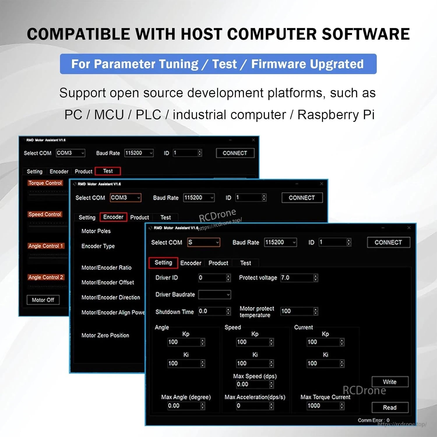 MyActuator L7025 BLDC Servo, Compatible with computer software for tuning, testing, and firmware. Supports open-source platforms. Features motor settings, encoder config, and control modes.