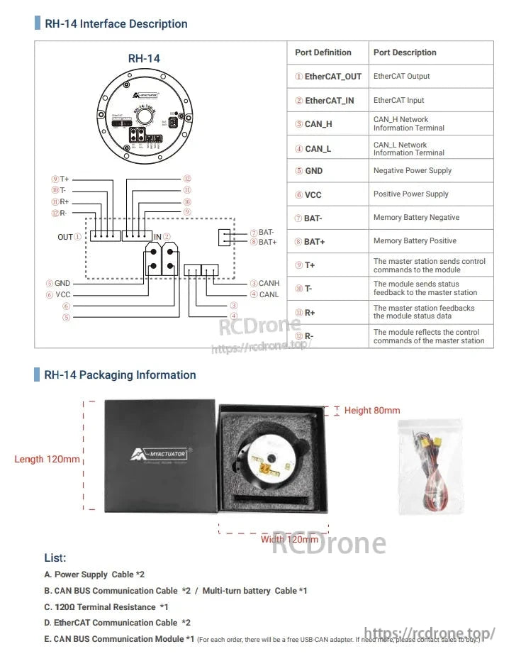 MyActuator RH-14 Motor, Interface: EtherCAT, CAN bus, power, battery. Packaging includes cables, terminal resistance, CAN module. Dimensions 120×120×80mm. USB-CAN adapter provided.